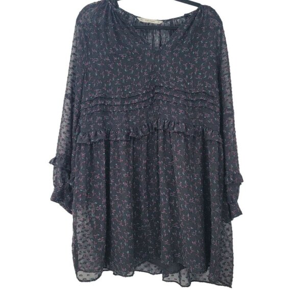 Zara Black Swiss Dot Mini Dress Womens Floral Large Ruffled Long Sleeve Witchy - Picture 1 of 12